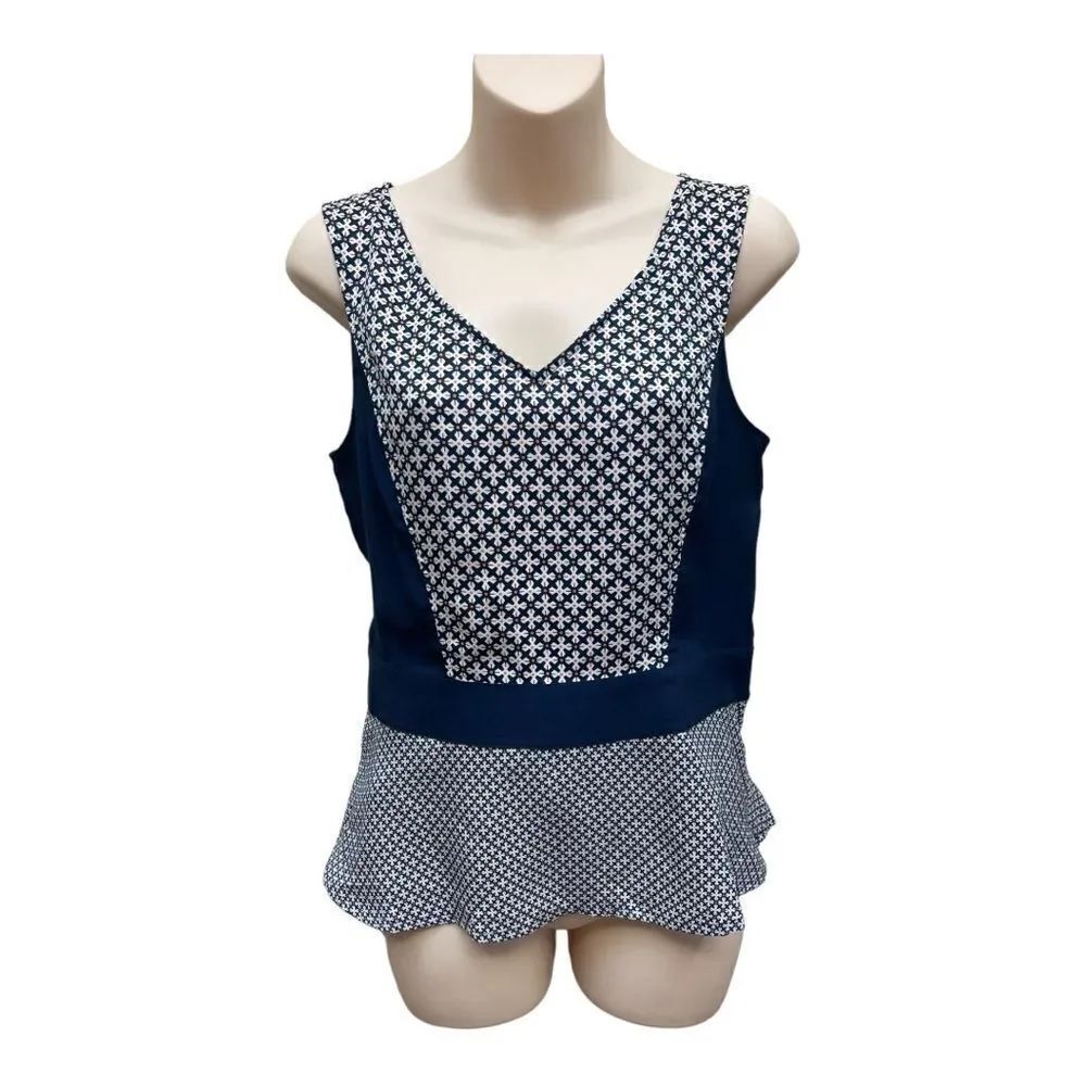 NWT Ann Taylor Peplum Tank Top Blue White Geometric Print Size 4